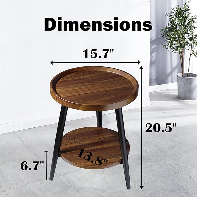 Small Round Side Table, 2-Tier Mid Century Modern Side Table, Round End Table Small End Table for Living Room, Metal Frames, Brown
