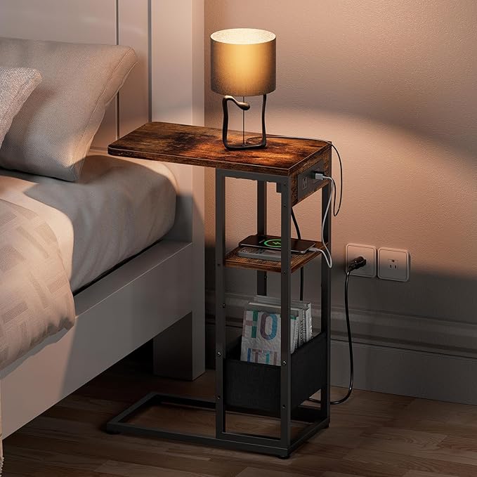 C Shaped End Table with Charging Station,3-Layer Sofa C Table Side Table, Slide Under Sofa Desk Snack Tables with Storage Bag w/AC U-S-B Port & Socket,Small Spaces Drink Tables for Living Room