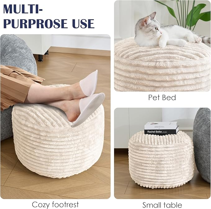 Round Pouf Ottoman,Corduroy Poufs with Memory Foam Filling for Foot Rest,Soft Footstool for Living Room,Office,20"x 15",Beige