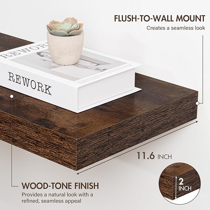 Acovy 40 Inch Floating Shelves, 12" Deep Floating Shelf Wall Mounted, 40" Wall Shelves, Rustic Deep Bookshelf, Extra Deeper & Thicker Display Shelves for Bedroom, Living Room, Brown, Set of 2