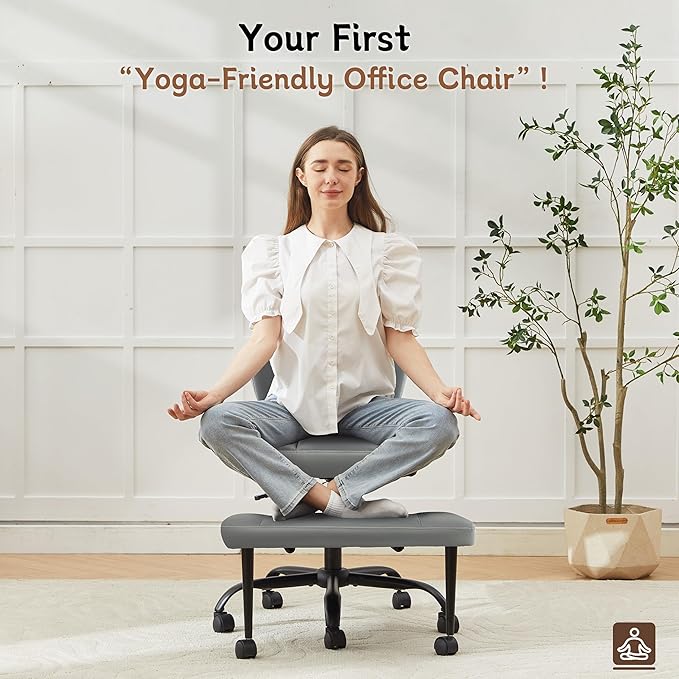 Ergonomic Criss Cross Legged Office Chair, ADHD Chair, 360° Swivel Meditation Kneeling Chair with Wheels, Adjustable Footrest, Bigger & Wider Height Adjustable Seat, Strong Lumbar Support, Grey PU