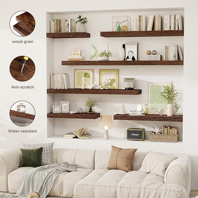Acovy 24 Inch Floating Shelves, 12" Deep Floating Shelf Wall Mounted, 24" Wall Shelves, Rustic Deep Bookshelf, Extra Deeper & Thicker Display Shelves for Bedroom, Living Room, Brown, Set of 2