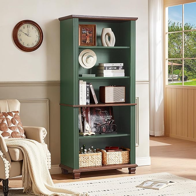 SAVOR LIFE 70" Tall Green Bookshelf,5 Tier Wooden Book Shelf with Adjustable Shelves & Wood Legs,Free Standing Farmhouse Bookcase with Open Display Storage,Vintage Bookshelves for Library, 3PCS