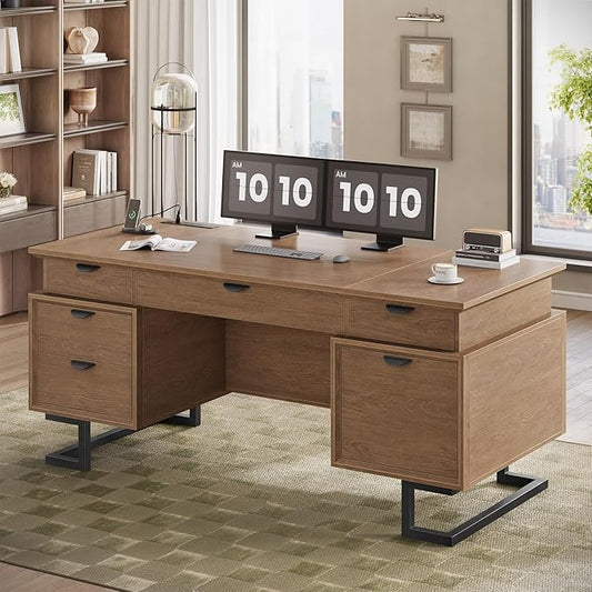 63" Executive Desk with Charging Station, Large Home Office Desks with 6 Drawers and 2 Storage Cabinets, File Drawer, Keyboard Tray, Privacy Panel, Desk Grommet, U-Shaped Metal Legs for Work and Study