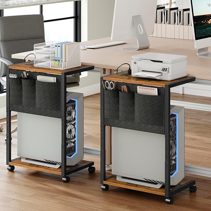 YATINEY PC Stand, Computer Tower Stand with Charging Station, Height Adjustable PC Tower Stand for Floor, 2 Tier Computer Cart On Wheels, 23.1" -29"H,19.7"L x 11"W, for Home Office,Rustic Brown CJ60BR