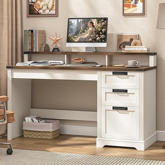 Vabches 55" Farmhouse Executive Desk with 3 Drawers, Wooden Computer Desk with Keyboard Tray, Home Office Desk with File Drawer (Fits A4 Size) for Work and Study, White and Brown