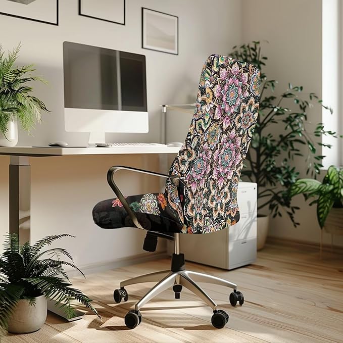 Talayituse Boho Mandala Flower Print Office Chair Cover Stretchable Desk Chair Cover Removable Computer Chair Cover for Office Chair Universal Spandex Rotating Chair Cover Anti-dust Chair Slipcover, L
