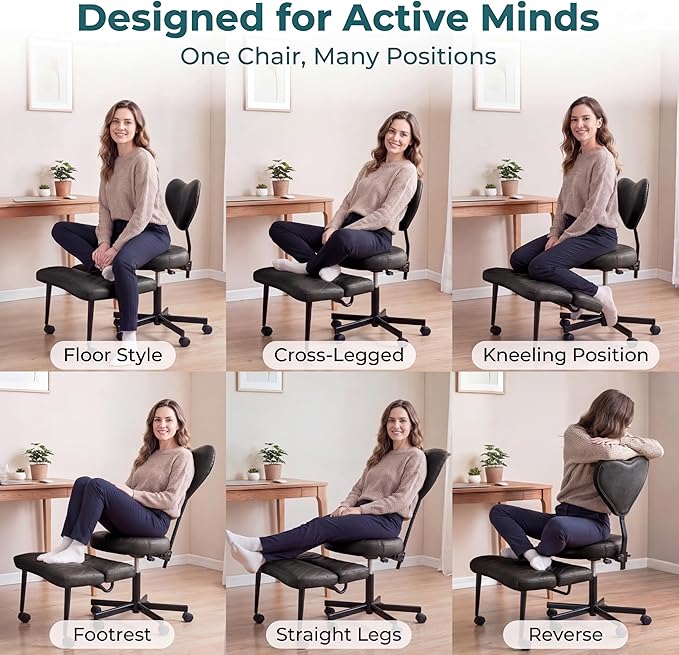 Ergonomic Cross Legged Office Chair with Foot Rest for Kneeling Seating - Crisscross Desk Chair with Wheels for ADHD to Sit Cross Legged - Multi-Position Adjustable Seat with Back Support for Women