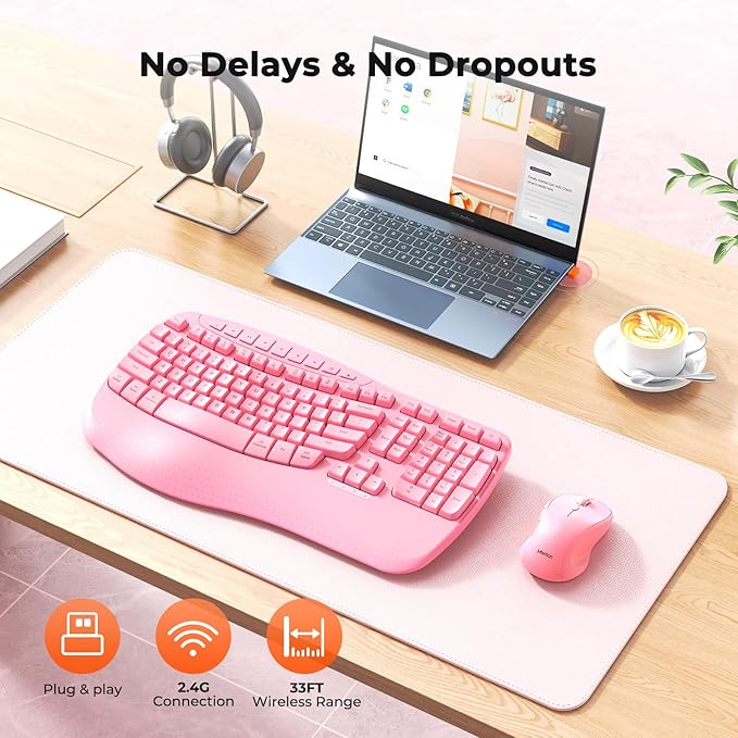 MEETION Ergonomic Keyboard and Mouse Wireless, Wave Keys Natural Typing, 2.4G Wireless Keyboard with Wrist Rest, 4 Adjustable DPIs Mouse, Computer/Laptop/Windows/Mac, Pink