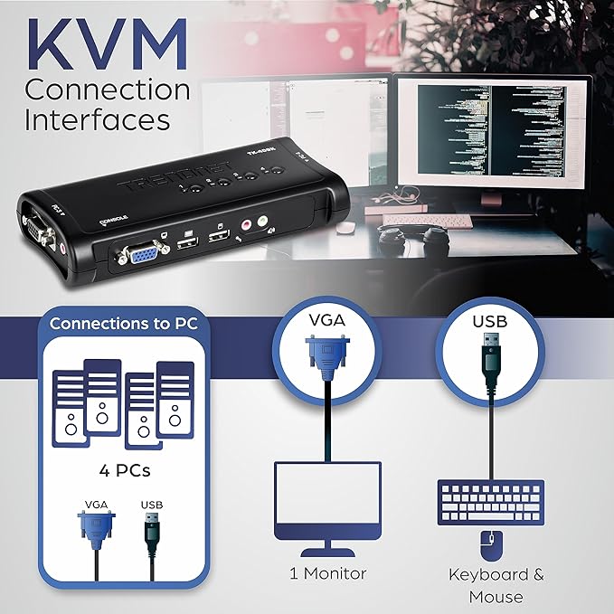 TRENDnet 4-Port USB KVM Switch, TK-407K, Control Up to 4 Computers, Windows, Linux, Mac OS Compliant, 2048 x 1536 VGA Resolution, NDAA & TAA Compliant, KVM Cables Included, Black