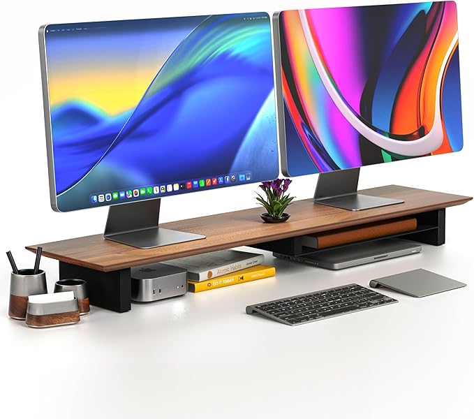 COREMINDED Solid Wood Dual Monitor Stand Riser – 43" Walnut Desk Shelf for 2 Monitors with Tray & Wool Felt, Organizer for Desktop, Laptop and Office (Walnut)