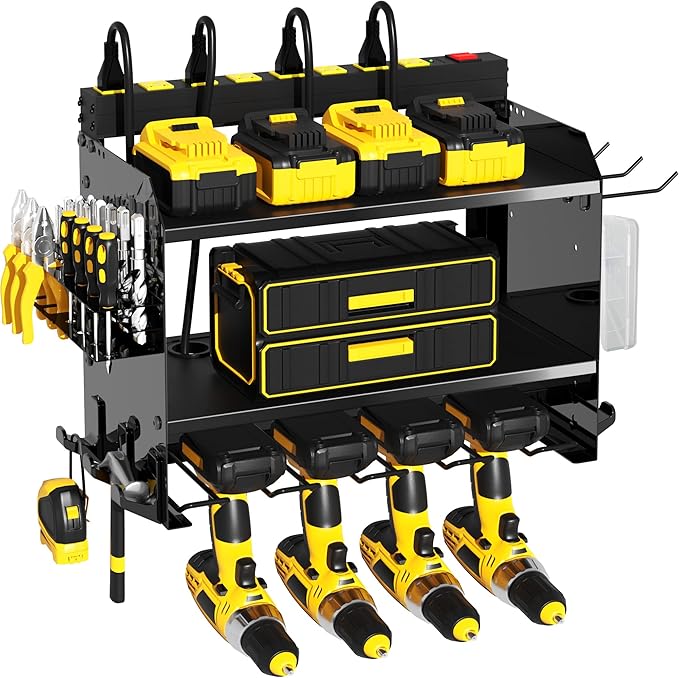 Power Tool Organizer Wall Mount wtih Charging Station,4 Drill Holder Wall Mount with 8 Outlet Power Strip,Heavy Duty Tool Rack with Hooks,Screwdriver Organizer in Garage(Glossy Black,3 Layer)