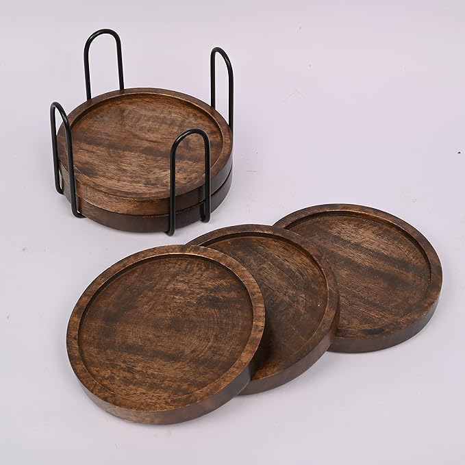 SAMHITA Mango Wood Coasters for Drinks with Iron Holder Stand Set of 5 for Drinking Glasses, Tabletop Protection for Any Table Type