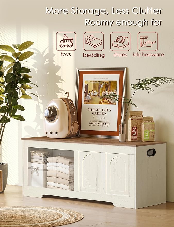 DINZI LVJ Storage Chest, 50” Extra Large Storage Bench with 2 Safety Hinges, Farmhouse Wooden Toy Box with Flip-Top, Large Trunk for Living Room, Playroom, Easy Assembly, Honey Brown and Rustic White