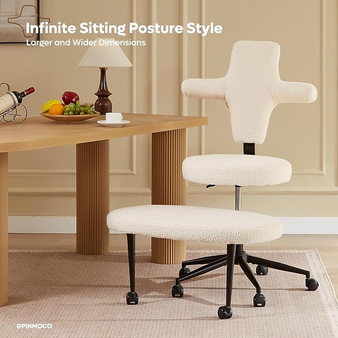 Pinmoco Ergonomic Cross Legged Office Chair Extra Wide for ADHD and Meditation, Kneeling Chair with 360° Swivel Wheels and Reversible Seating, Adjustable Height and Seat Deapth, Teddy Fabric, White