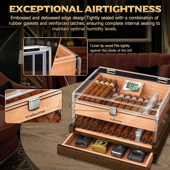 VALLUME Acrylic Humidor Box,High-Definition Transparent Cigar Case,Lock Latches and 90-Degree Opening Hinges Cigar Box,Cigar Accessory Drawer,Digital Hygrometer and Humidifier,Holds About 50-60 cigars