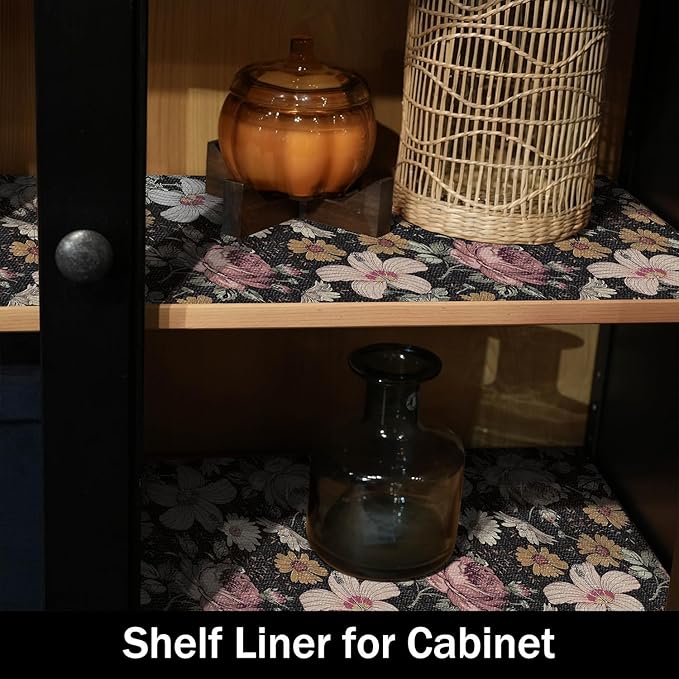 Black Retro Floral Shelf Drawer Liner for Kitchen Cabinets 16IN x 10FT Non-Adhesive, Waterproof Strong Non-Slip Shelf Cabinet Drawer Liners for Dresser Table Cupboard Liners,Easy to Clean