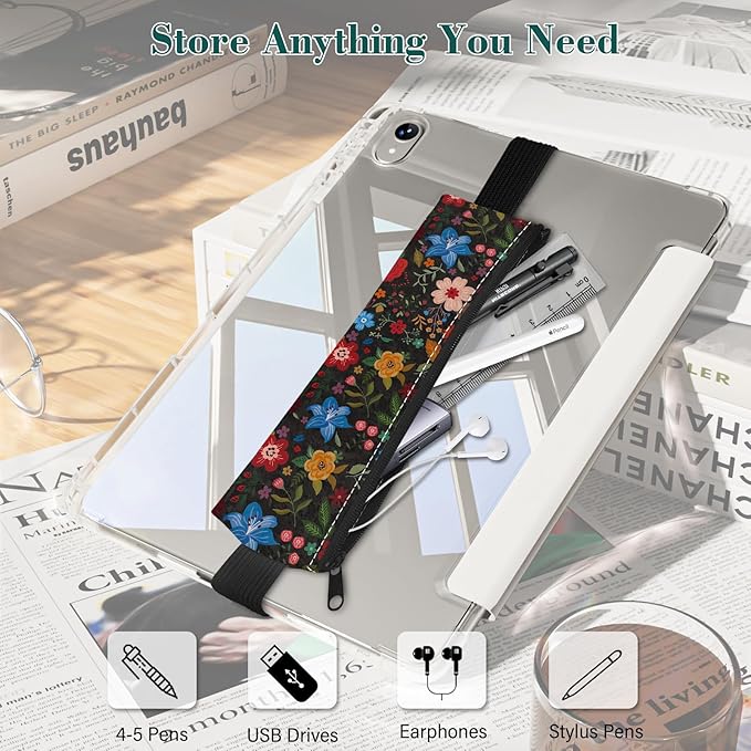 4 Pack Elastic Pen Holder for Notebook, Prints Pen Pouch with Elastic Band and Zipper, Leather Pen Holder for Planners, Journals, Book (Colorful Flowers)