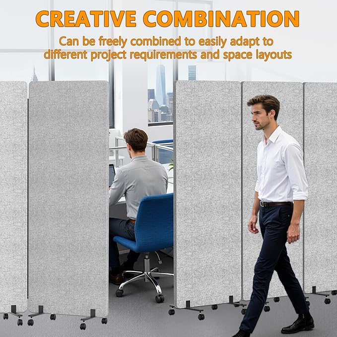 Soundproof Room Divider with Wheels, 66in Acoustic Room Divider Panel, 3 Panel Office Partition Wall for Noise Cancelling, Portable Temporary Wall Cubicle Divider (Light Grey)