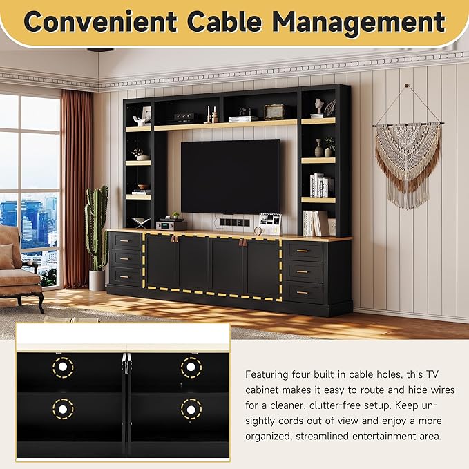 102.3"W Farmhouse 4-Piece Entertainment Center Wall Unit with Adjustable Shelves, Modern Large TV Stand with Bookshelves for TVs Up to 75", Rustic Media Console with 6 Drawers for Living Room, Black
