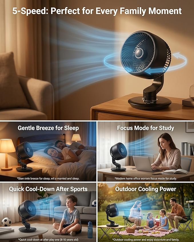 Desk Fan for Office, Rechargeable Air Circulator Fan for Bedroom Cooling, Ultra Quiet Battery Powered Table Fan, 5 Speeds, 9H Timer & 120°Oscillating Smart Portable Fan for Dorm, Home, Kitchen