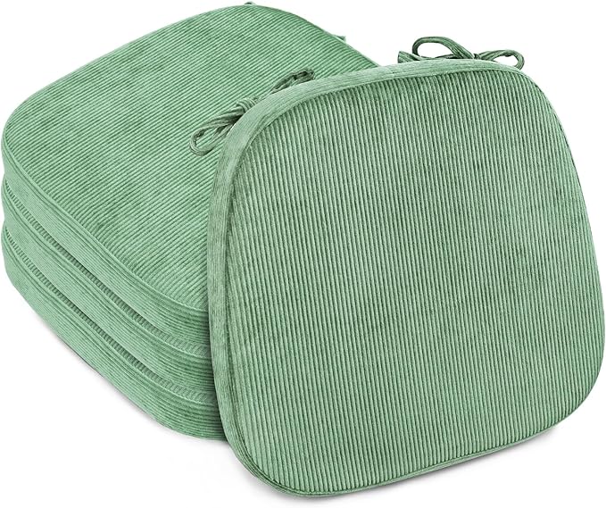 2.5" Thick Chair Cushions for Dining Chair, Corduroy Foam Kitchen Chair Pads, U Shaped Indoor Seat Cushions with Ties & Non-Slip Backing, Removable Washable Cover, 17''x16.5'', Set of 4, Green