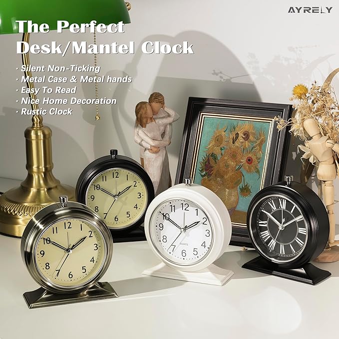 AYRELY® 4-inch Battery Operated Alarm Clock Silent Analog Desk Clocks with Light Vintage Metal Table Clock for Living Room Shelf Bedside Home Decor (Gold)