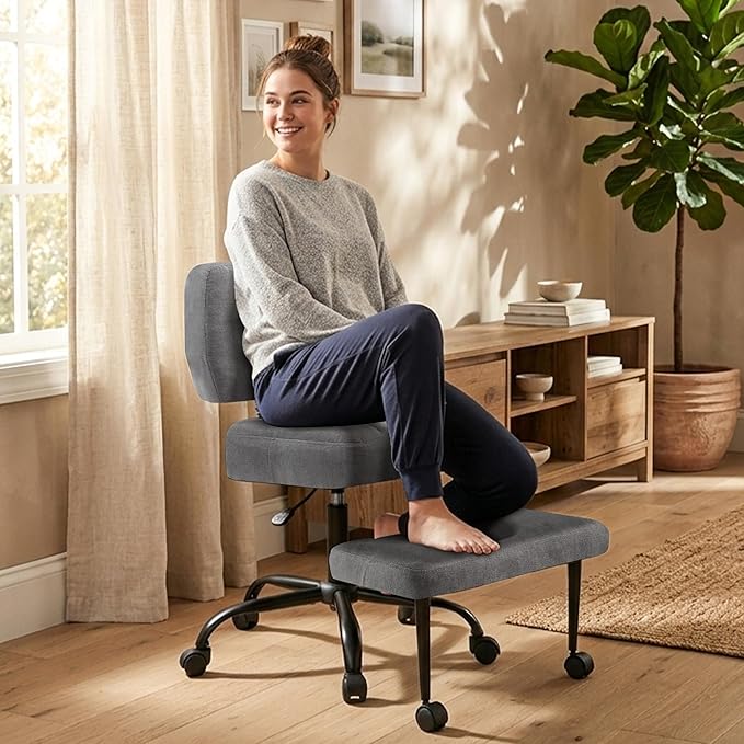 Ergonomic Criss Cross Legged Office Chair, ADHD Chair, 360° Swivel Meditation Kneeling Chair with Wheels, Adjustable Footrest, Bigger & Wider Height Adjustable Seat, Strong Lumbar Support, Greycloth