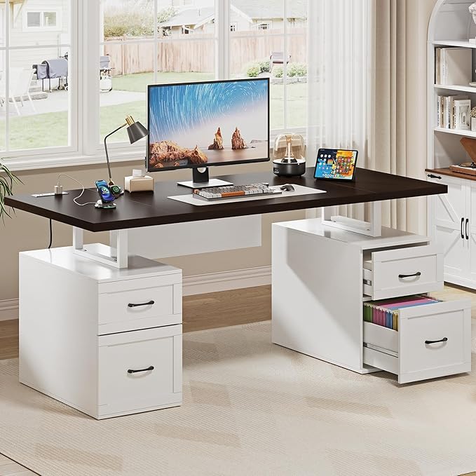 Farmhouse Desk with Drawers & Power Outlet, White Home Office Desk with File Organizer, 71" Executive Desk with Storage, Computer Desk with Privacy Panel