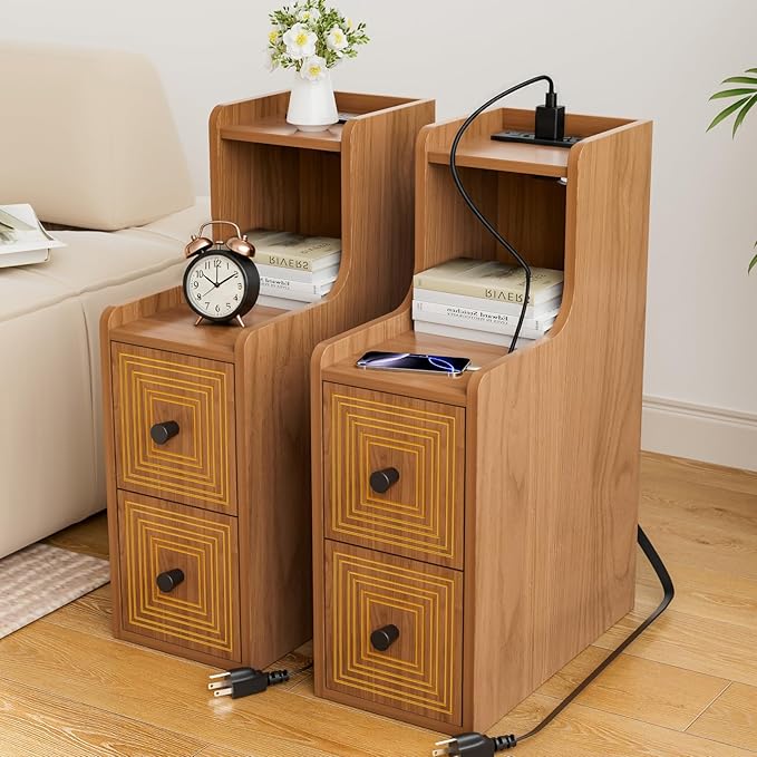 Set of 2 Narrow End Table with Charging Station, Slim Side Table with Gilt Line, Mid Century Modern Nightstand with Drawers for Living Room, Walnut