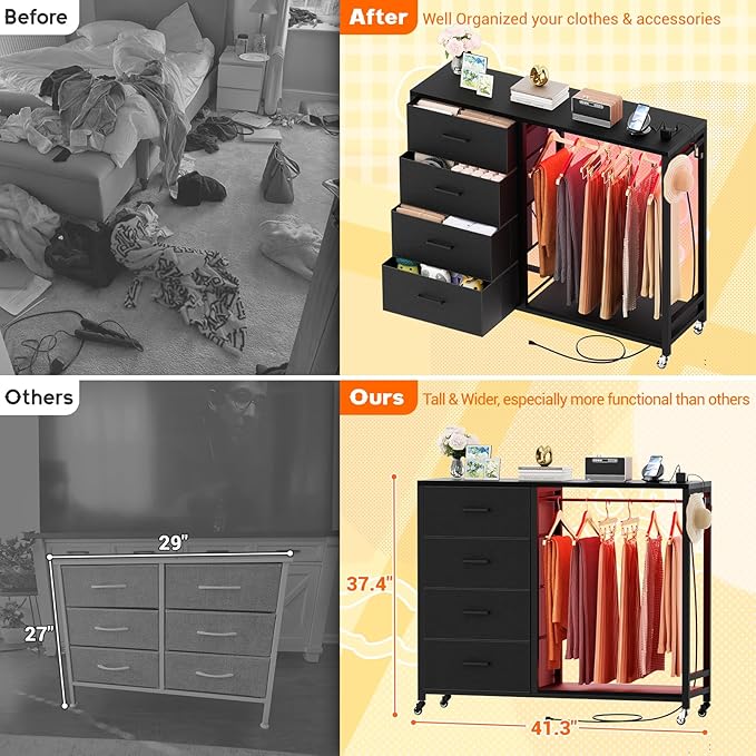 Cyclysio Dresser with Hanging Rack, 4 Fabric Drawers Dresser with Clothes Rack, Wooden Top Storage Chest of Drawers with Charging Station & LED Lights, Lockable Wheels, Closet
