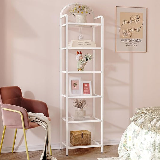 Hzuaneri Bookcase Bookshelf, Tempered Glass Bookshelves, Slim Shelving Unit for Bedroom, Bathroom, Home Office, Steel Frame, 6 Tier White BC10699W