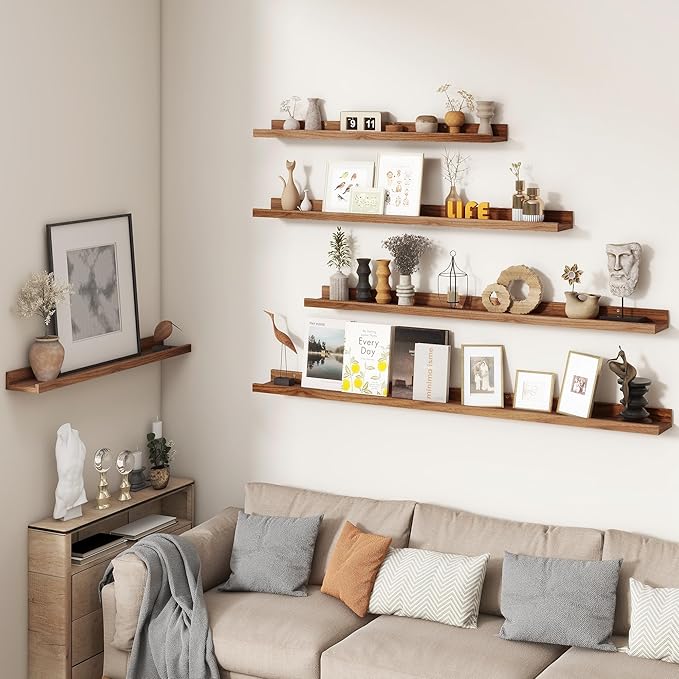 FLYJOE Picture Ledge Shelf, Floating Shelves Set of 2, 44 Inches Nursery Book Shelves for Toys Storage, Kids Bookshelf Wall Mounted for Living Room Bedroom Decor Books Photo Frames, Walnut