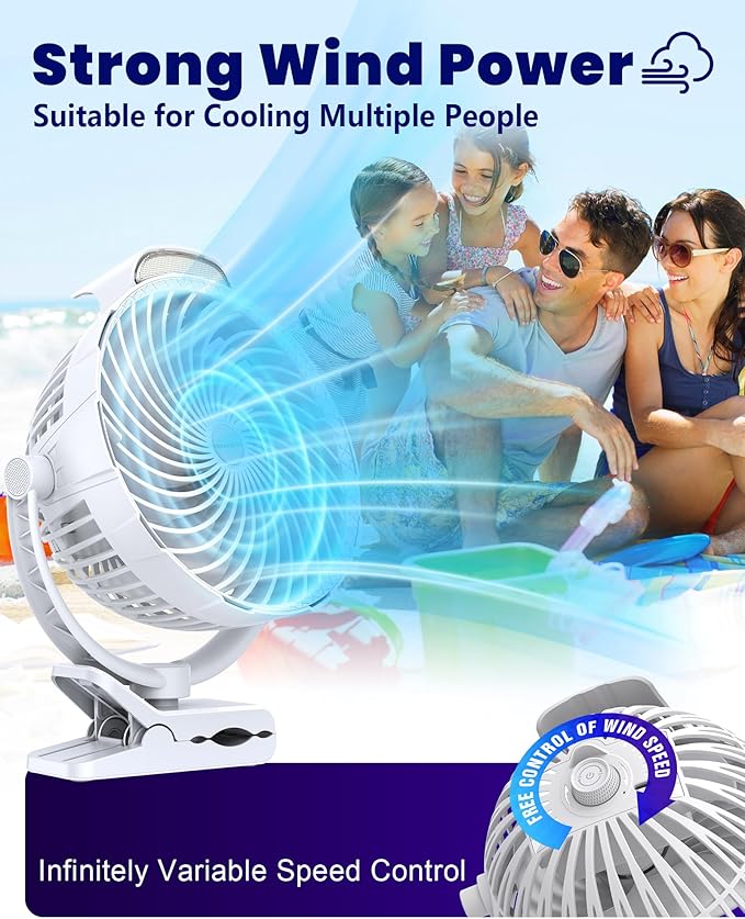 10000mAh Clip on Fan, 8-Inch Golf Cart Fan Rechargeable with LED Light, 9 Speeds Strong Airflow, Ultra Quiet, 30Hrs Runtime, 360° Rotation, Cooling for Bed Camping Office Desk Dorm, White