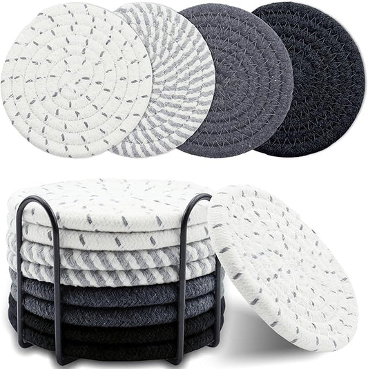 8 Pcs Drink Coasters with Holder, Minimalist Cotton Woven Coaster Set, 4 Colors Absorbent Coaster Protection Protection for Various Cups, Ideal for Coffee Tables and Home Decor Tabletop, 4.3 Inches