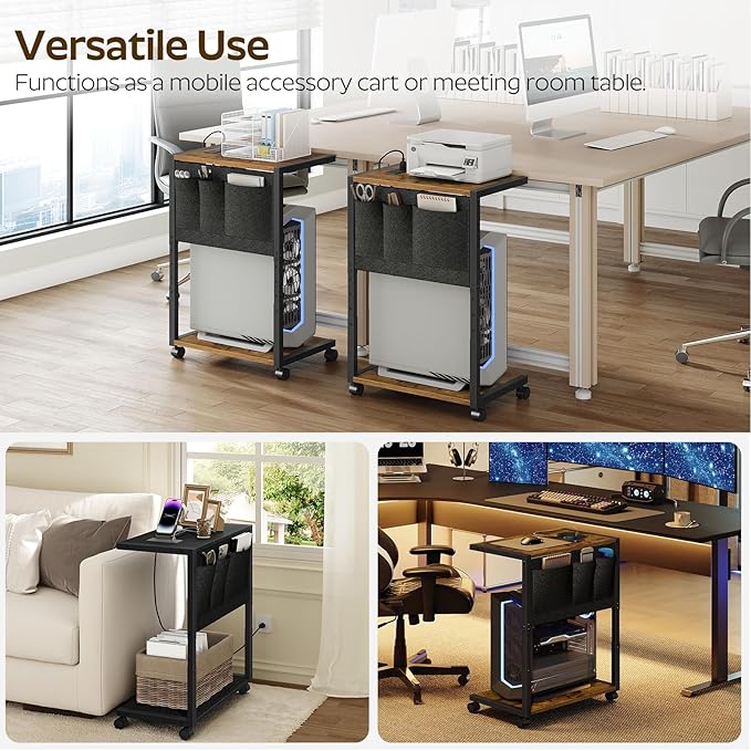 YATINEY PC Stand, Computer Tower Stand with Charging Station, Height Adjustable PC Tower Stand for Floor, 2 Tier Computer Cart On Wheels, 23.1" -29"H,19.7"L x 11"W, for Home Office,Rustic Brown CJ60BR