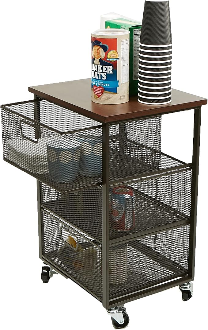 Mind Reader 3 Drawer Storage Organizer with Wood Top, Rolling Office Organizer Cabinet with Wheels, Office, Metal Mesh, Black