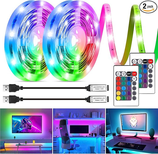 HOUHUI LED Strip Lights Kit, 2x6.56Ft RGB LED Lights Strip for 40-60in TV LED Backlight, Color Changing Strip Light Waterproof IP65 with Remote, USB TV Lights Bias Lighting for Home PC Monitor Desk