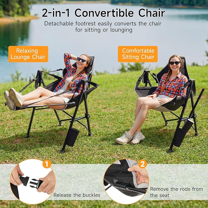 Hammock Camping Chair with Removable Footrest, 400lbs Heavy Duty Portable Swing Chair Outdoor with Adjustable Back, Foldable Camping Chair with Headrest and Cup Holder for Camping, Patio, Lawn