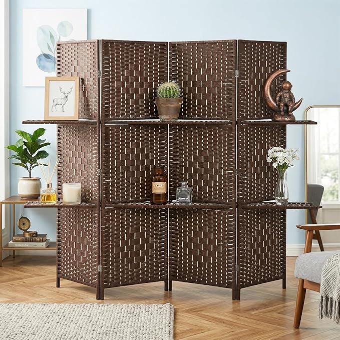 FDW 4 Panel Wood Room Divider - Foldable & Flexible Freestanding Screen, Easy Storage Partition Wall for Home Living Room, Rustic Brown