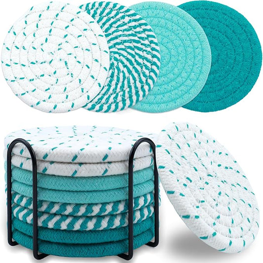8 Pcs Drink Coasters with Holder, Minimalist Cotton Woven Coaster Set, 4 Colors Absorbent Coaster Protection Protection for Various Cups, Ideal for Coffee Tables and Home Decor Tabletop, 4.3 Inches