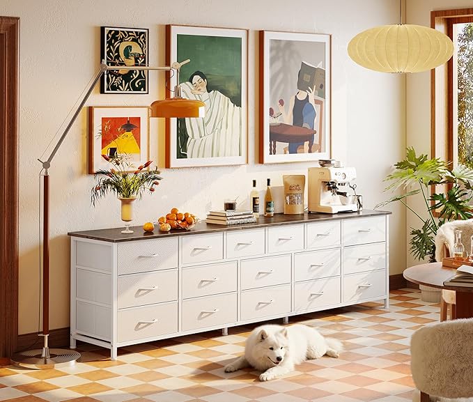 Huuger 77.6" Long Dresser for Bedroom, 16 Drawer Fabric Dresser for Closet, Wide Chest of Drawers with Storage, TV Stand for 65, 75, 85 Inch TV, 77.6" W x 12.9" D x 26.7" H, Farmhouse White