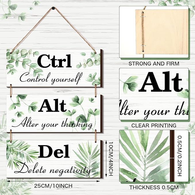 Qunclay 3 Pcs Office Wall Decor Green Leaves Wood Rustic Hanging Cubicle Decor Summer Inspirational Ctrl Alt Del Sign Decoration for Bathroom Indoor Home Living Room