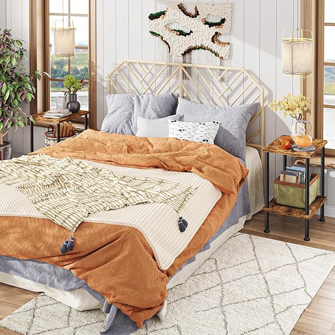 Simple Trending Side Table, Small End Table Living Room, Nightstand with 2 Tier Storage Shelves, Rustic Brown