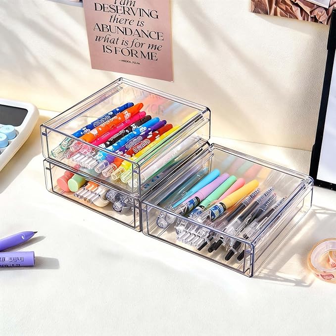 Drawer Organizers, Clear Stackable Storage Boxes for Kitchen Utensils, Office Desk, Bathroom, Makeup & Craft Drawer Organization (Small - 3 Pack)