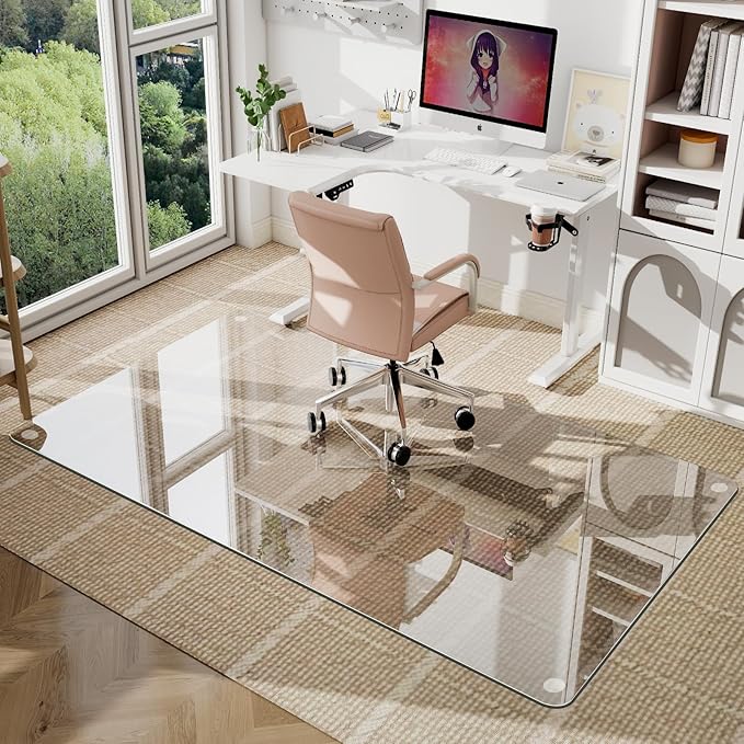 GLSLAND 48" x 60" Tempered Glass Chair Mat Rectangle Heavy-Duty Floor Protector for Carpet Hard Floors Scratch-Resistant Office Computer Desk Mat 1/5" Clear