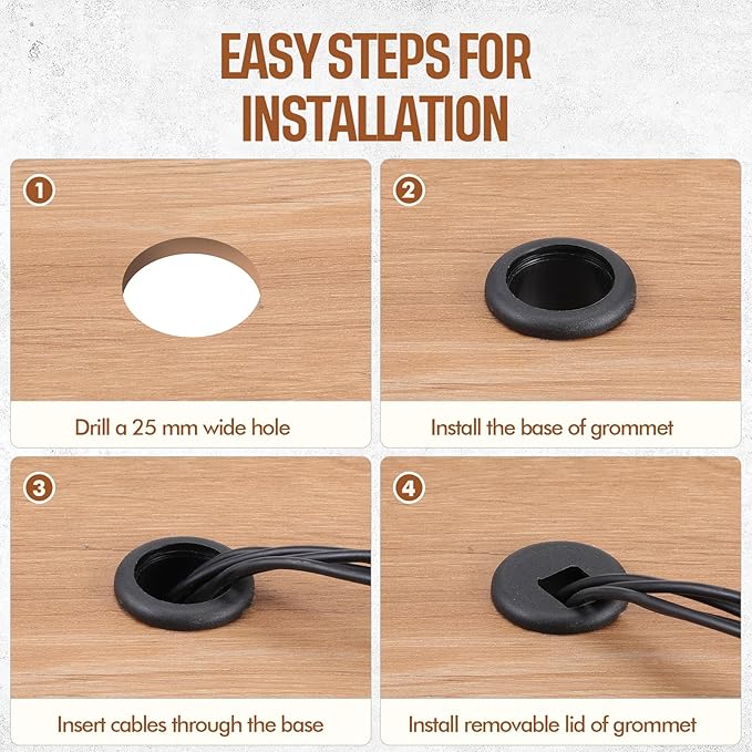 SATINIOR 20 Packs Desk Grommet Plastic Cable Hole Cover to Arrange Wires & Cords PC Desk Cord Wire Organizer Caps Desktop Cord Management Grommet for Home Office Table Desktop (1 Inch,Black)