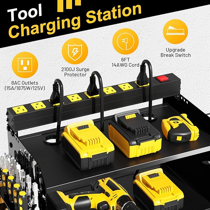 Power Tool Organizer Wall Mount wtih Charging Station,4 Drill Holder Wall Mount with 8 Outlet Power Strip,Heavy Duty Tool Rack with Hooks,Screwdriver Organizer in Garage(Glossy Black,3 Layer)
