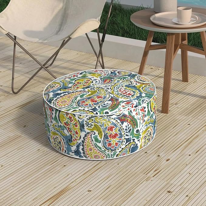 Outdoor Patio Inflatable Ottoman, 21x9 Inch Portable Stool Ottoman with Handle, Round Footrest Stool for Home Garden Camping, Paradise Paisley