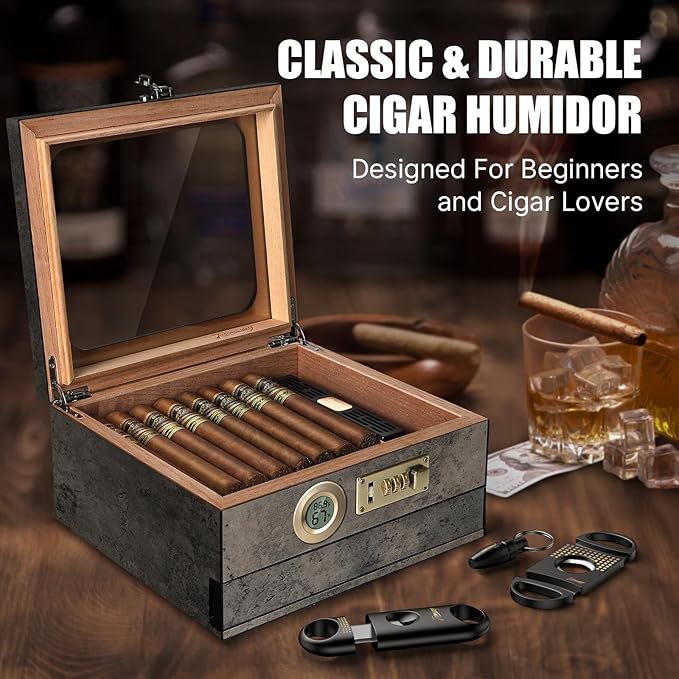 Tesonway Cigar Humidor,Cedar Wood Humidor Cigar Box,Glass Top Desktop Humidor with Digital Thermo-Hygrometer, Humidifier, Divider, Accessories Drawer and Combination Lock,Cigar Gift for Men
